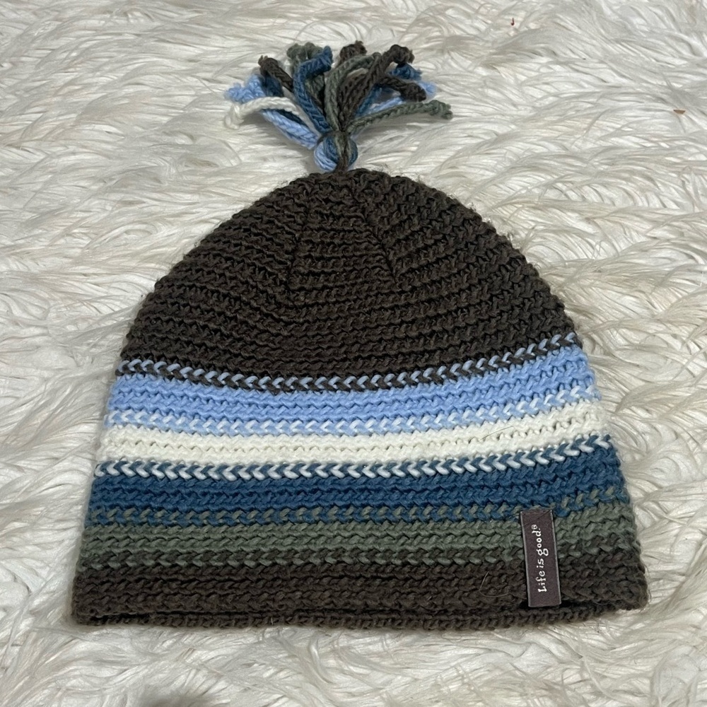 Life is Good Hat Beanie Knit Winter Tassels Adult One Size Olive Blue Brown